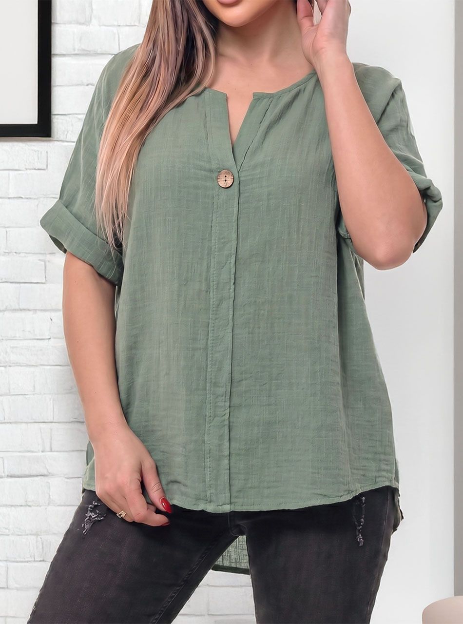 Gombdíszes, lenes felső (kheki)