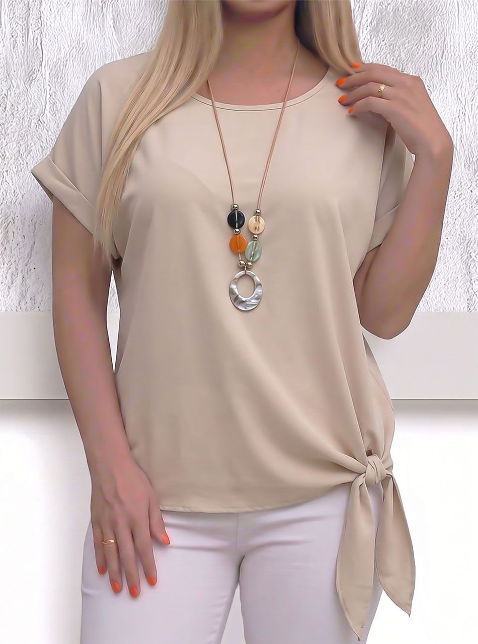 Oldalt kötős, nyakláncos felső (bézs)