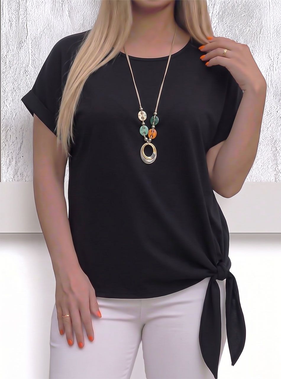 Oldalt kötős, nyakláncos felső (fekete)