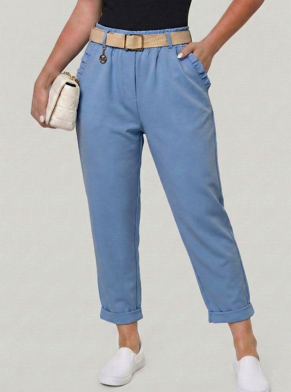 Zsebnél fodros, gumis derekú zsebes nadrág övvel (farmerkék)