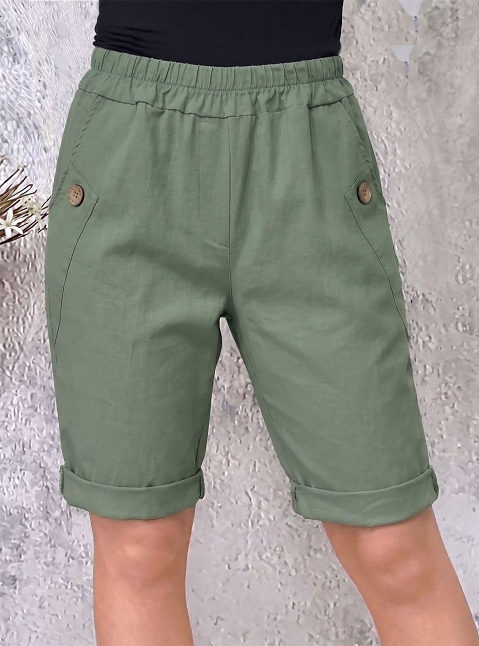 Gombdíszes, gumis derekú zsebes térdnadrág (kheki)