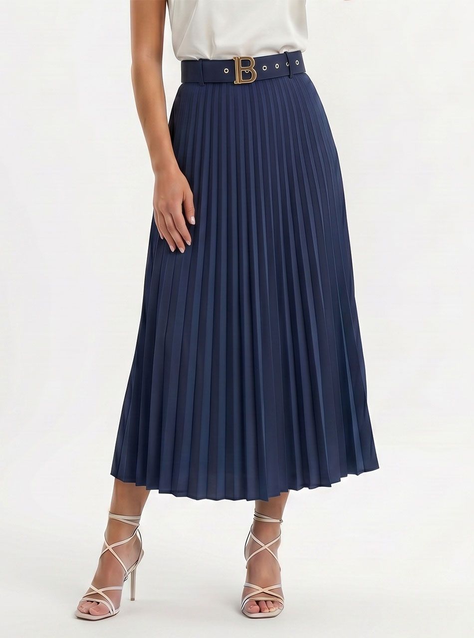 Pliszírozott, gumis derekú szoknya övvel (sötétkék)