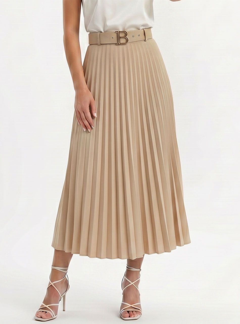 Pliszírozott, gumis derekú szoknya övvel (krém)