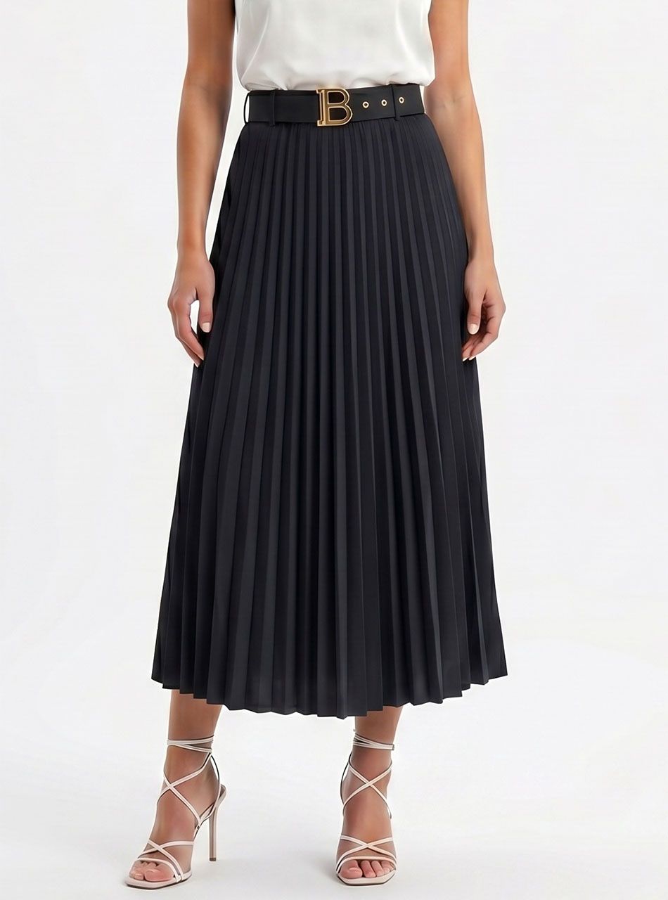 Pliszírozott, gumis derekú szoknya övvel (fekete)