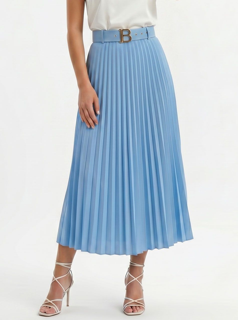 Pliszírozott, gumis derekú szoknya övvel (világoskék)
