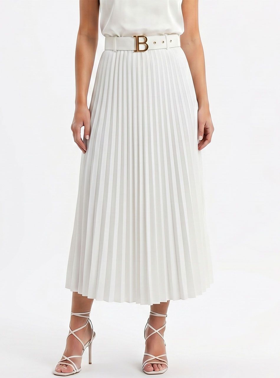Pliszírozott, gumis derekú szoknya övvel (fehér)