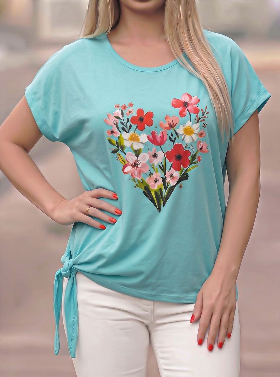 Oldalt kötős, virág mintás felső (zöld)