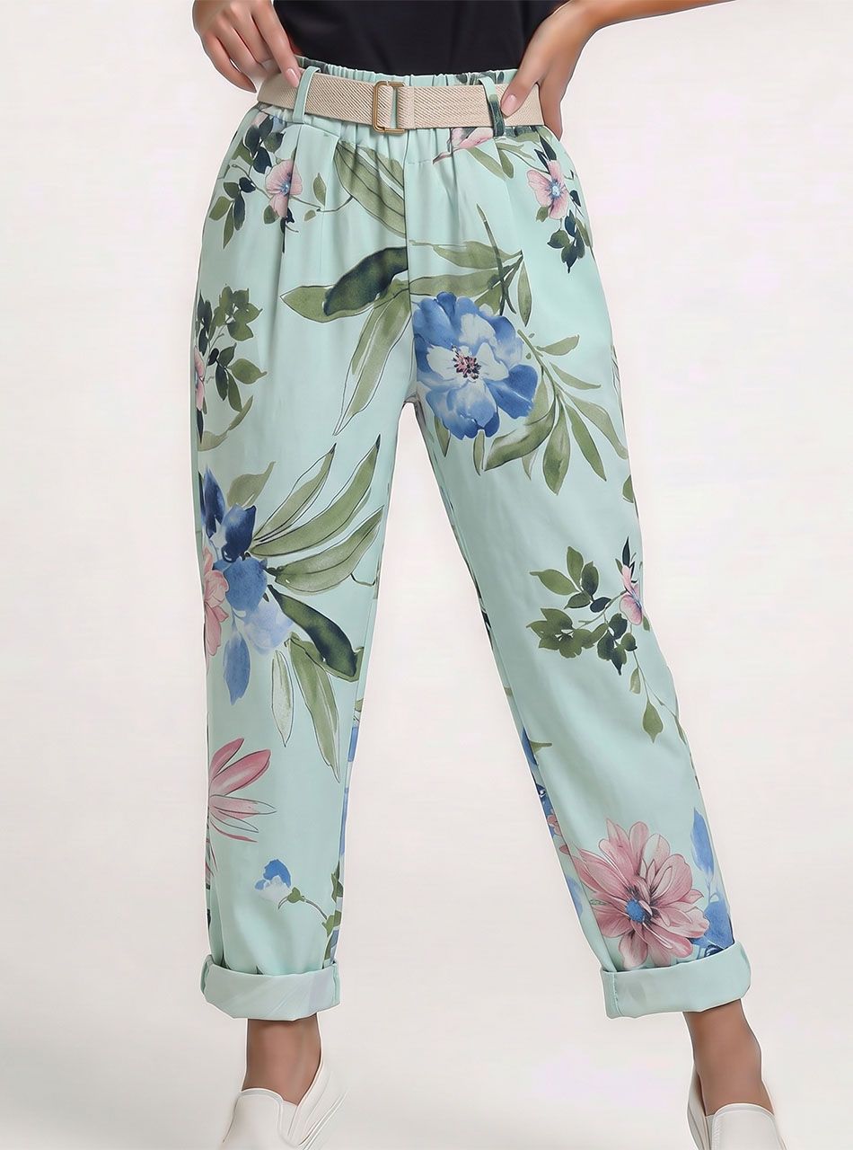 Virág mintás, gumis derekú zsebes nadrág övvel (világoszöld)