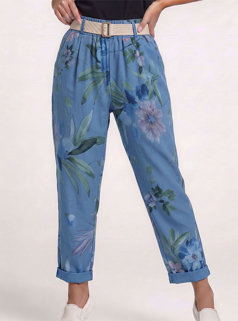 Virág mintás, gumis derekú zsebes nadrág övvel (farmerkék)