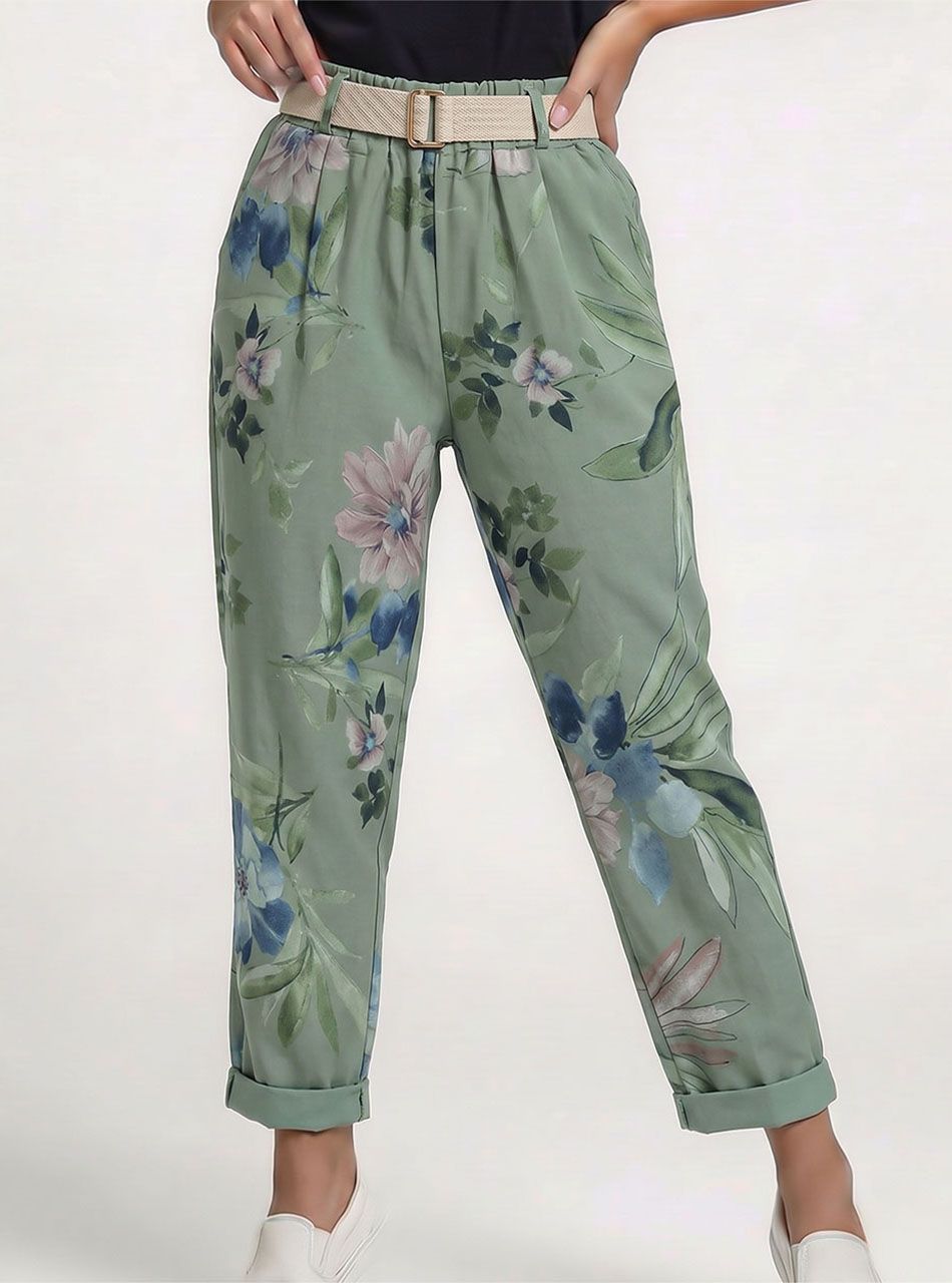 Virág mintás, gumis derekú zsebes nadrág övvel (kheki)