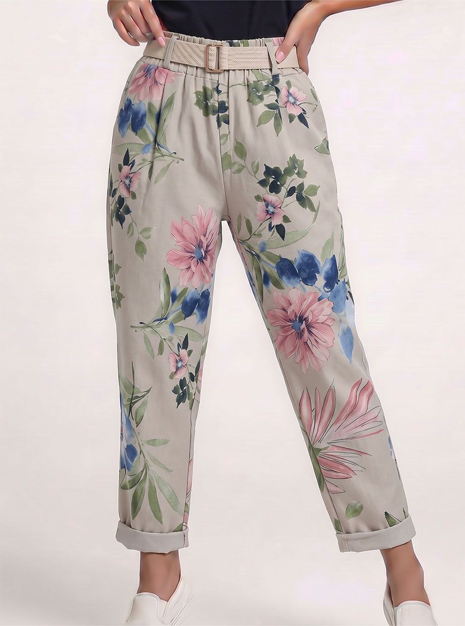 Virág mintás, gumis derekú zsebes nadrág övvel (tejeskávé)