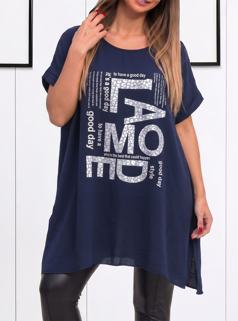 Kétoldalt felvágott, mintás lenge felső (sötétkék)