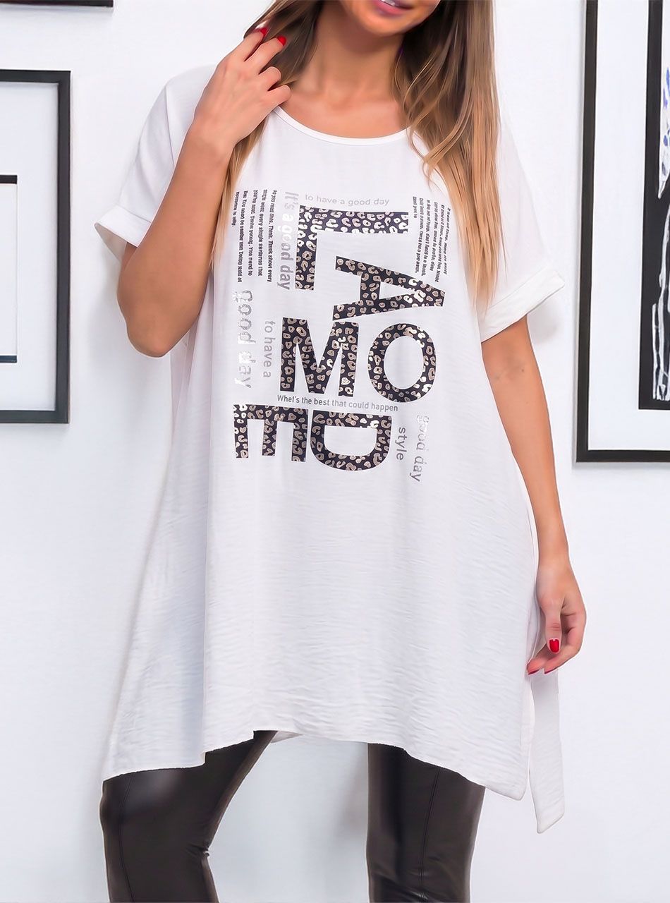 Kétoldalt felvágott, mintás lenge felső (fehér)