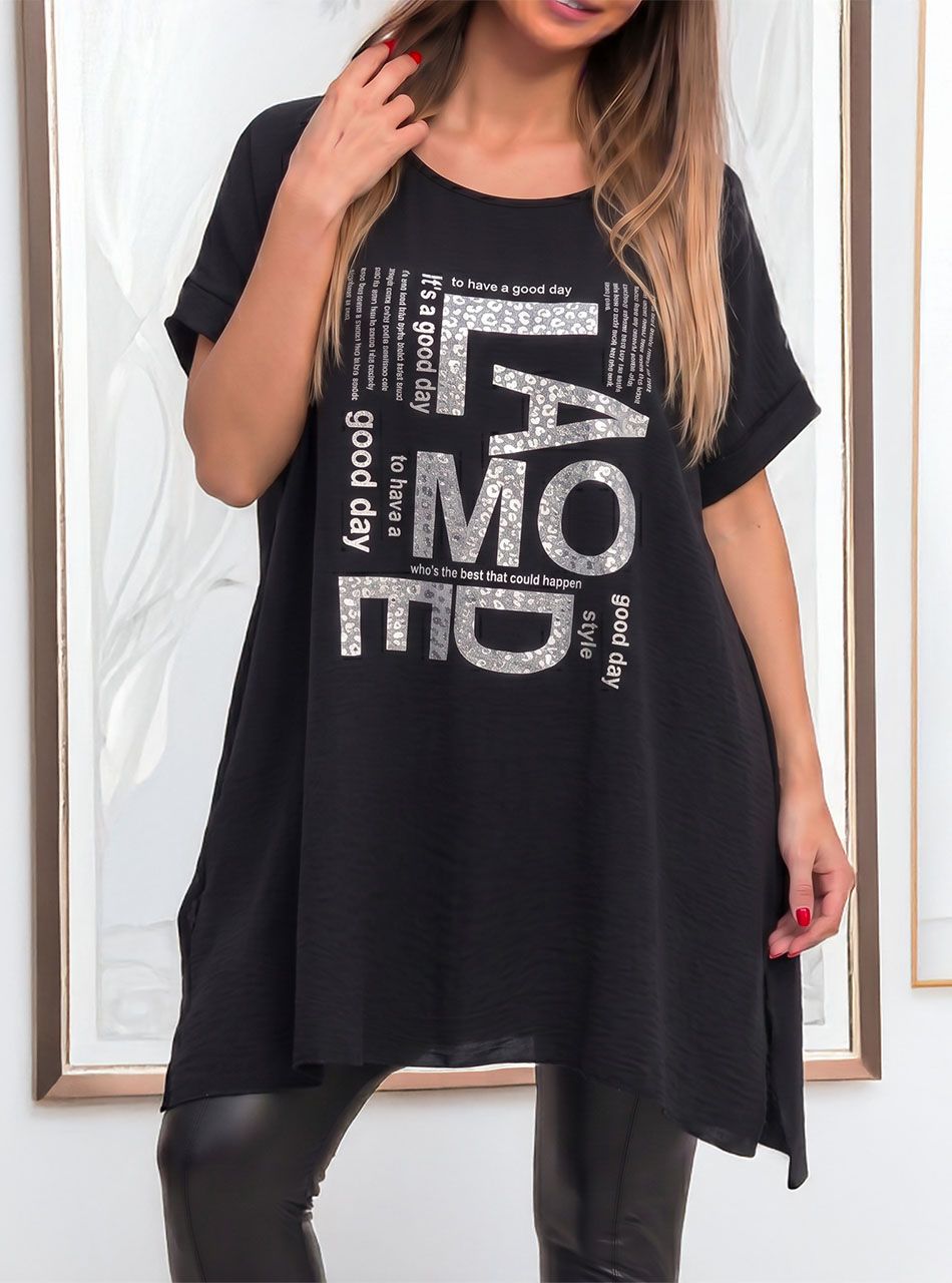 Kétoldalt felvágott, mintás lenge felső (fekete)