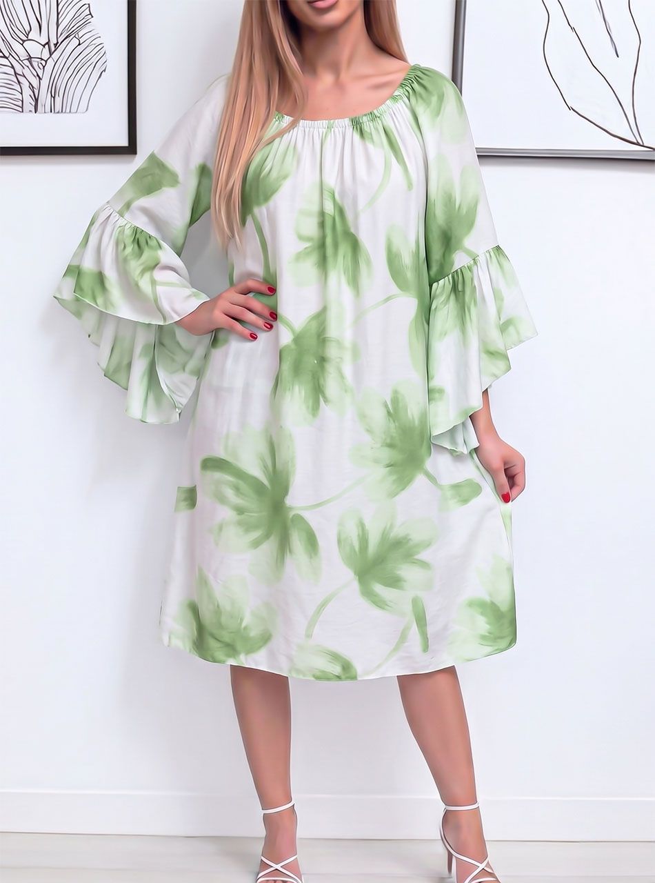 Harang ujjú, virág mintás lenge ruha (zöld)