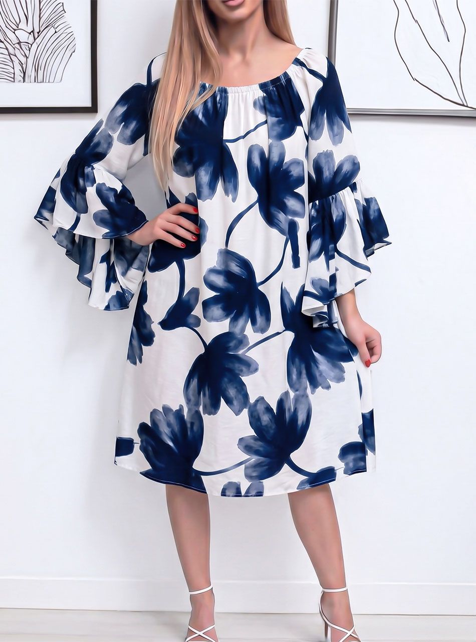 Harang ujjú, virág mintás lenge ruha (sötétkék)
