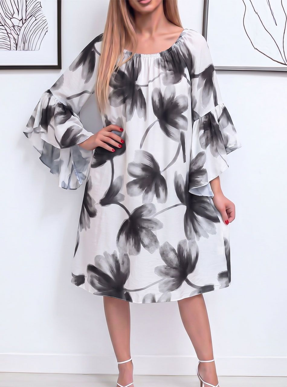 Harang ujjú, virág mintás lenge ruha (fekete)