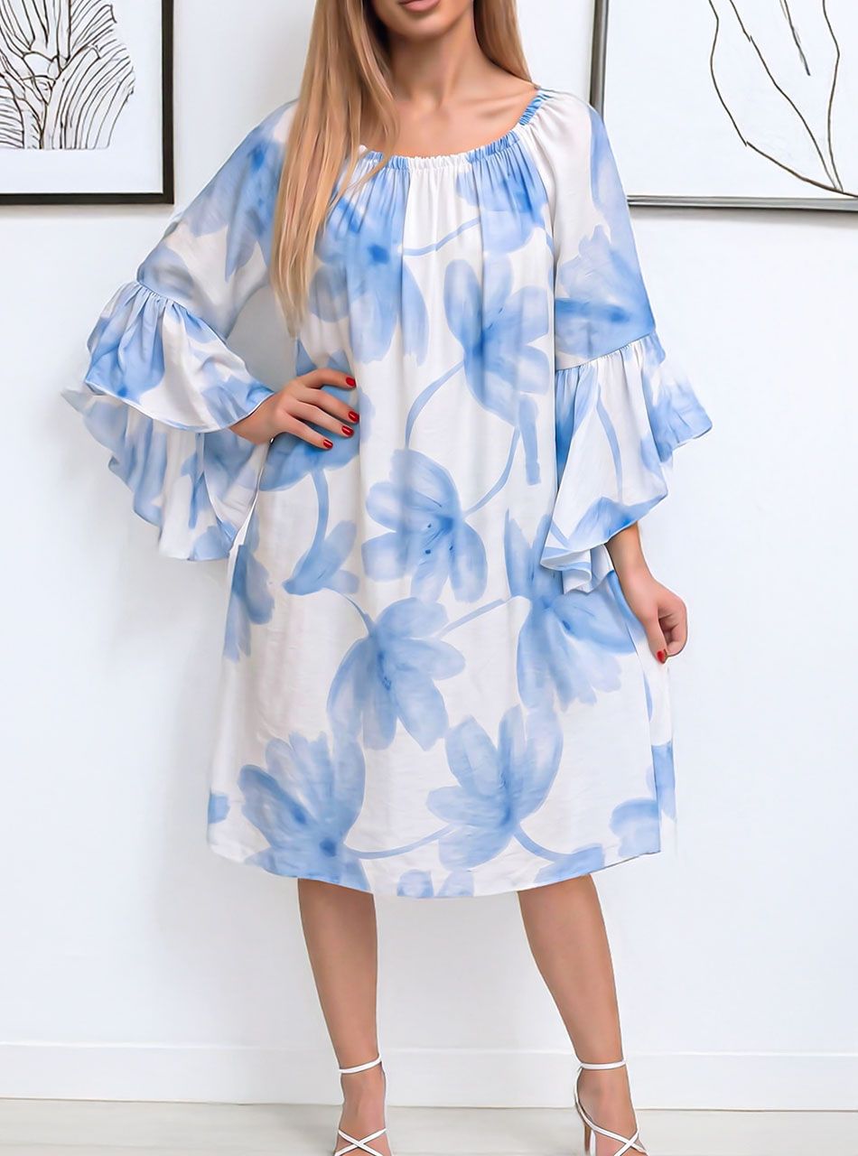 Harang ujjú, virág mintás lenge ruha (világoskék)