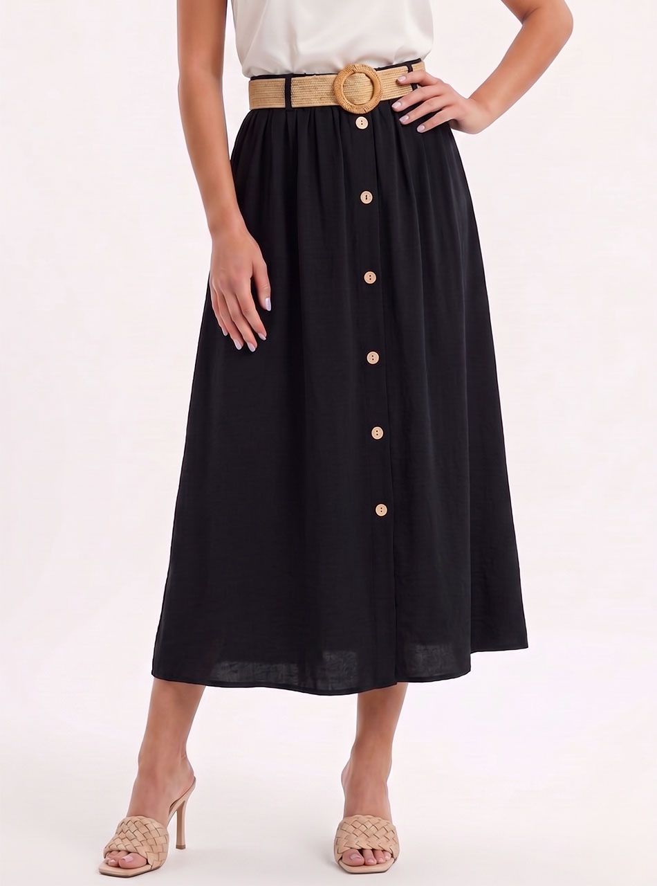 Gombdíszes, gumis derekú szoknya övvel (fekete)