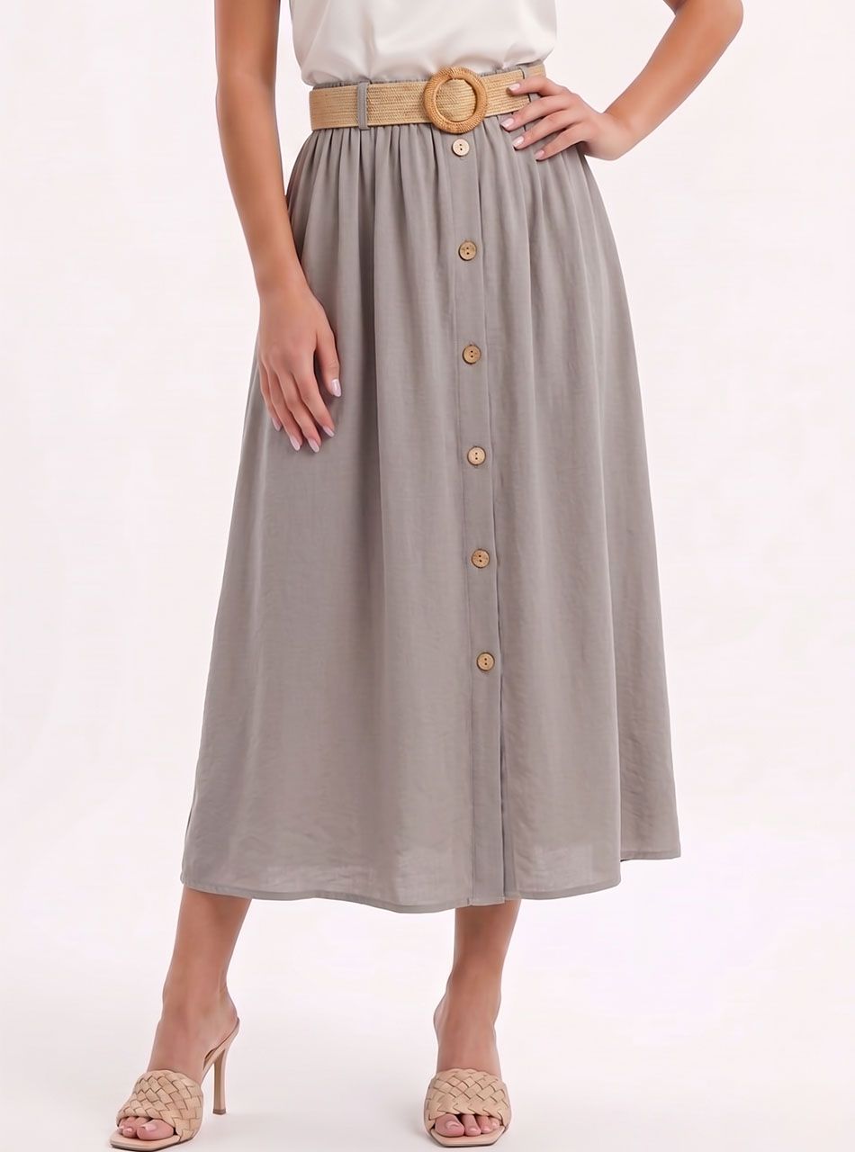 Gombdíszes, gumis derekú szoknya övvel (tejeskávé)