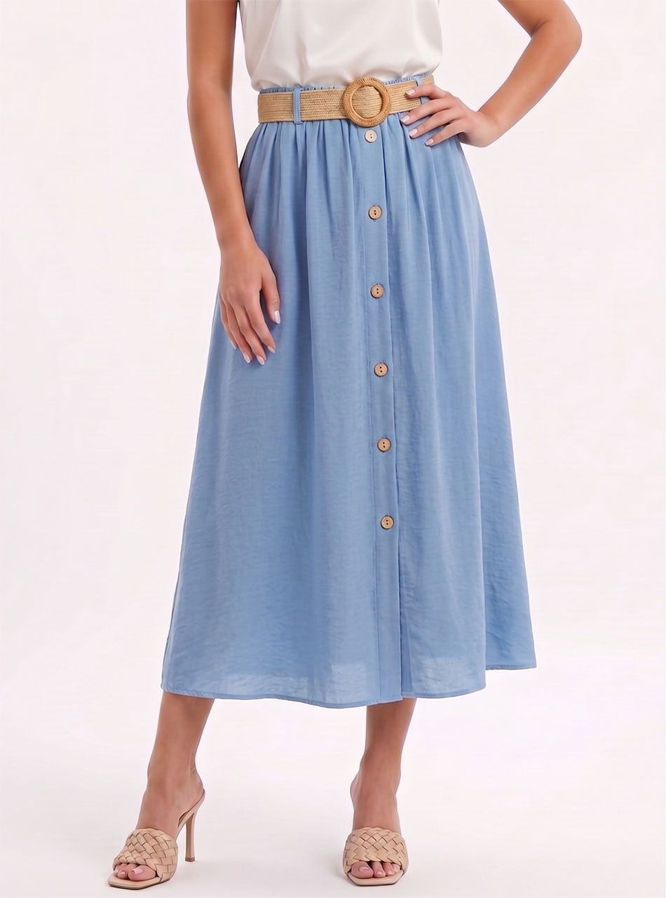 Gombdíszes, gumis derekú szoknya övvel (farmerkék)