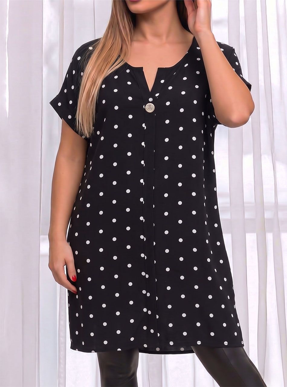 V nyakú, gombdíszes pöttyös tunika (fekete)