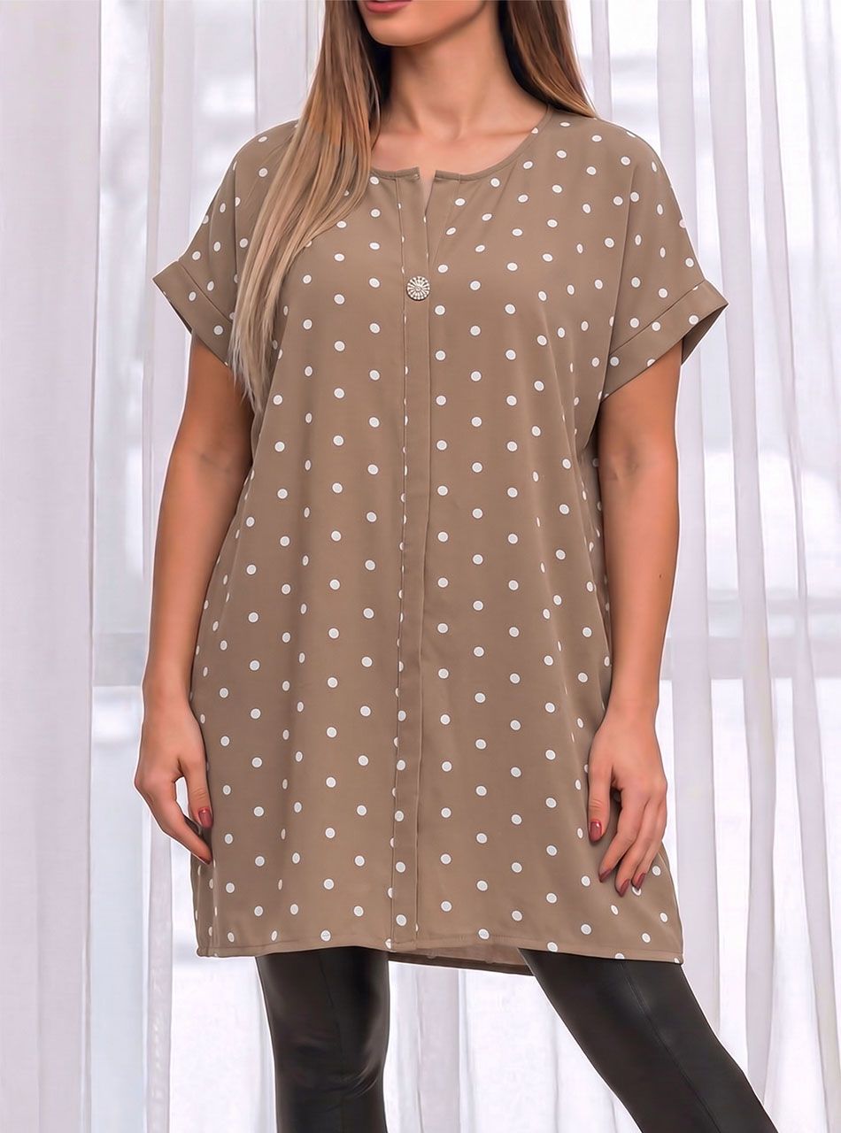 V nyakú, gombdíszes pöttyös tunika (tejeskávé)