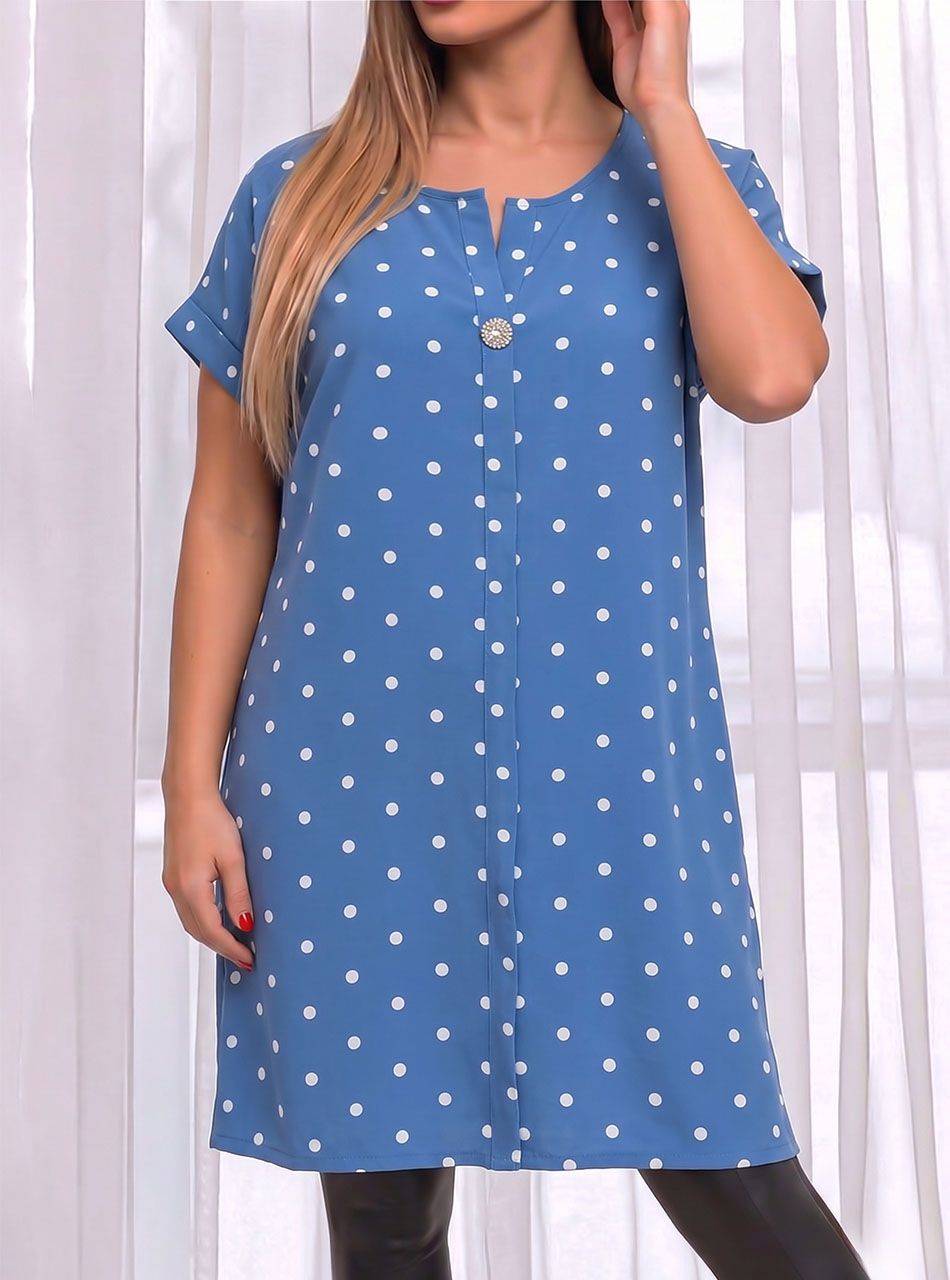 V nyakú, gombdíszes pöttyös tunika (farmerkék)