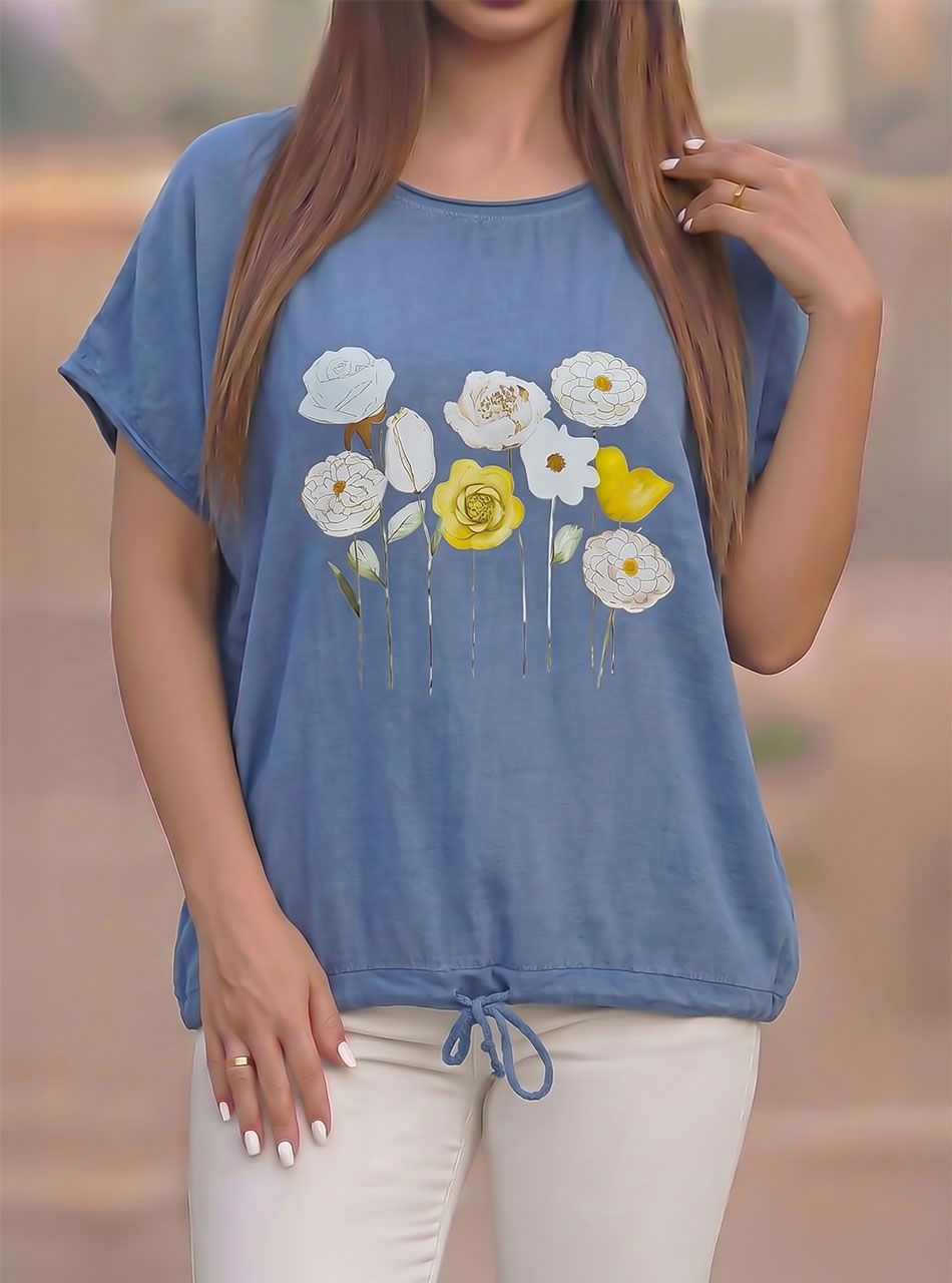 Alján húzható, virág mintás felső (farmerkék)