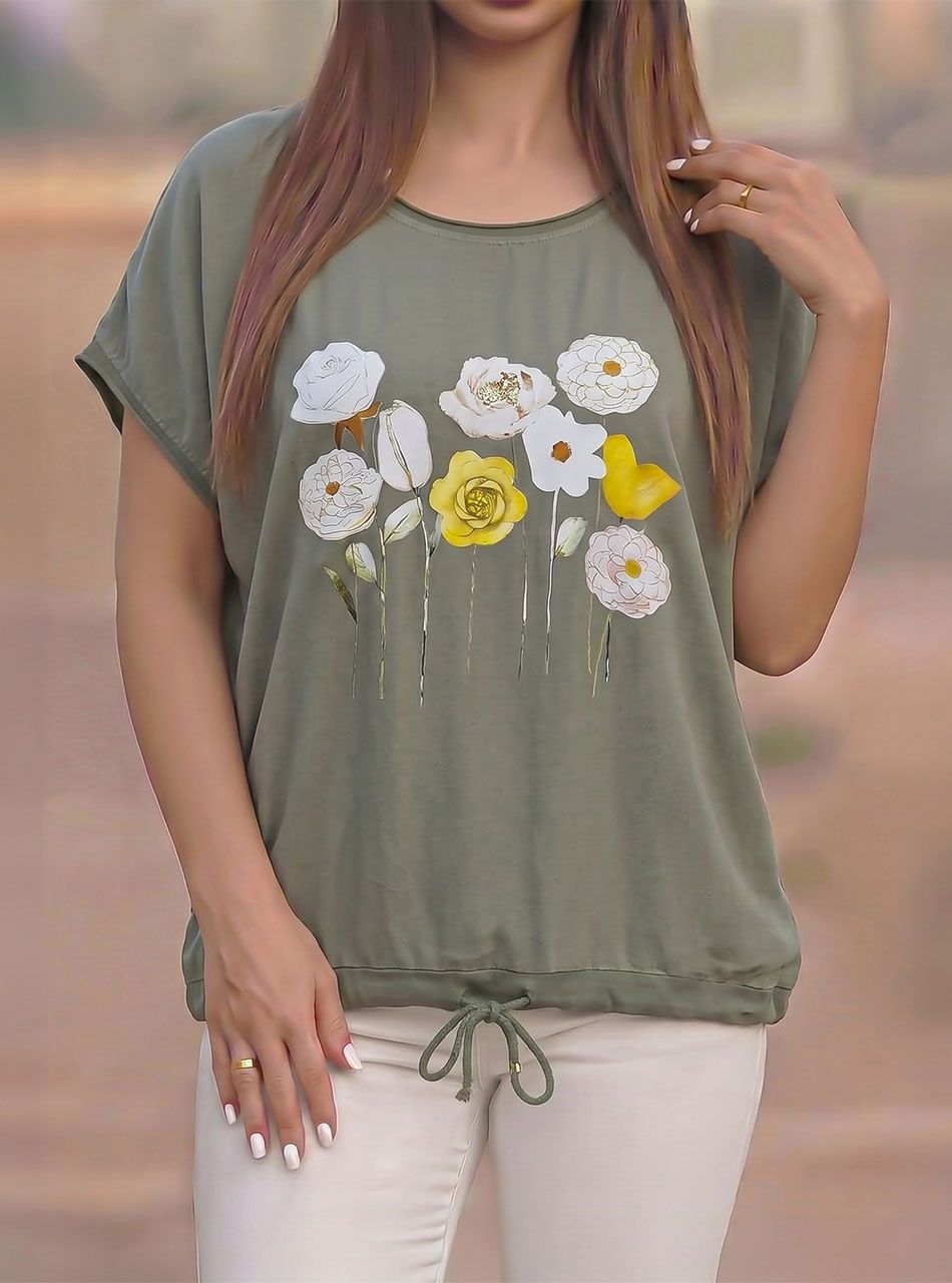 Alján húzható, virág mintás felső (kheki)