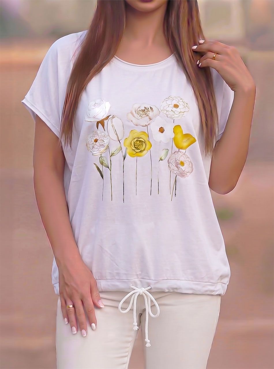 Alján húzható, virág mintás felső (fehér)