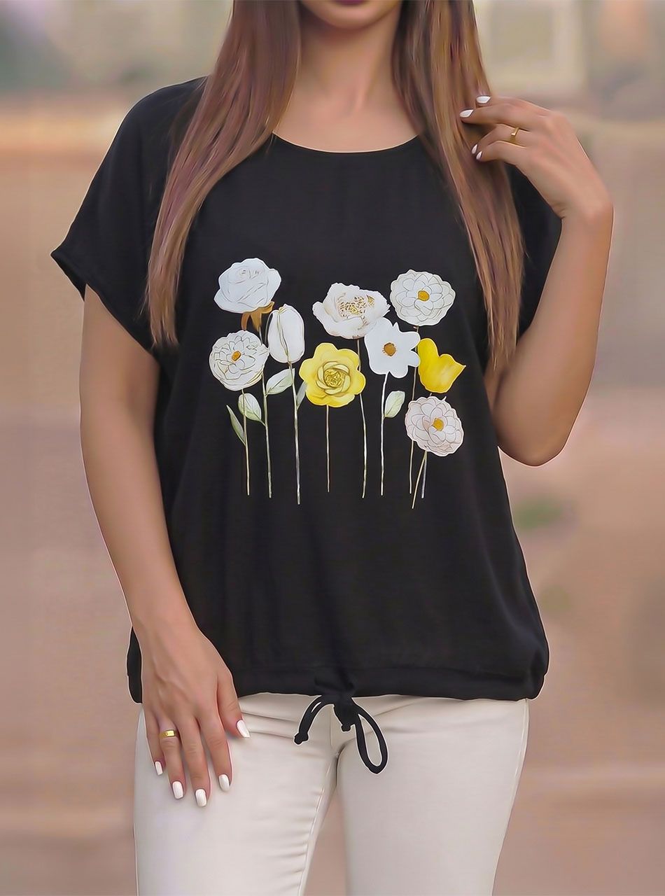 Alján húzható, virág mintás felső (fekete)