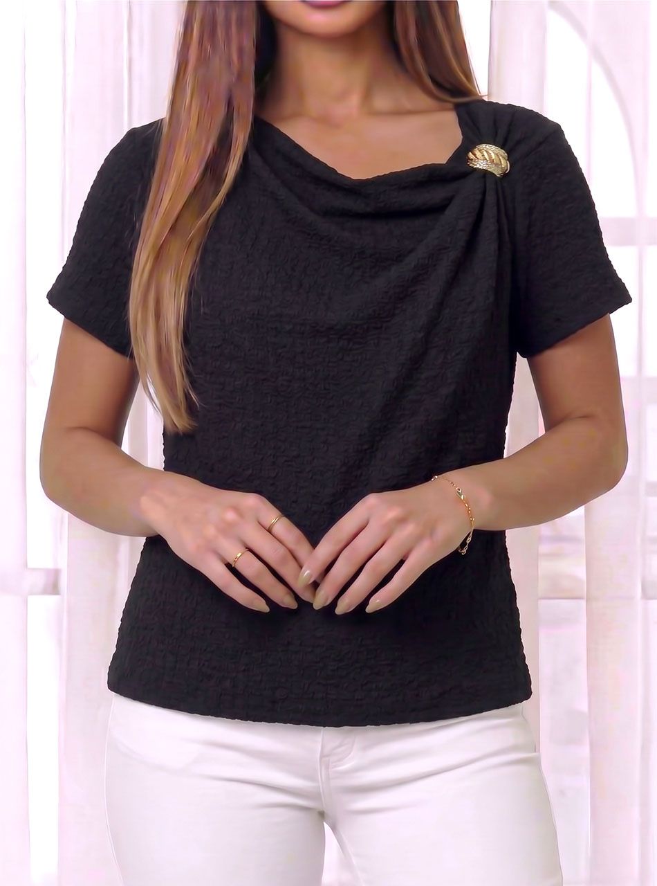 Díszcsatos, gyűrt hatású felső (fekete)