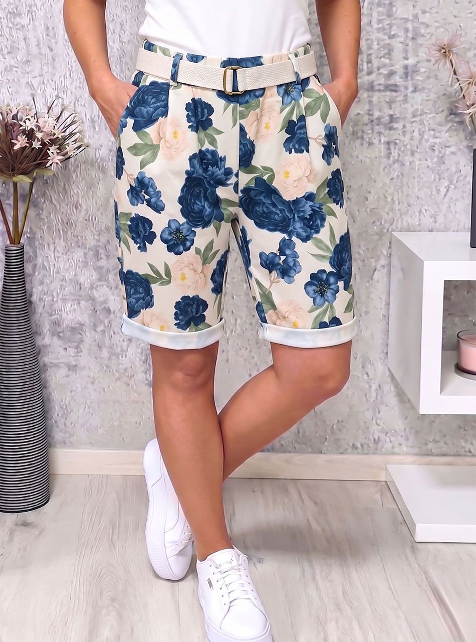 Virág mintás, gumis derekú zsebes térdnadrág övvel (sötétkék)