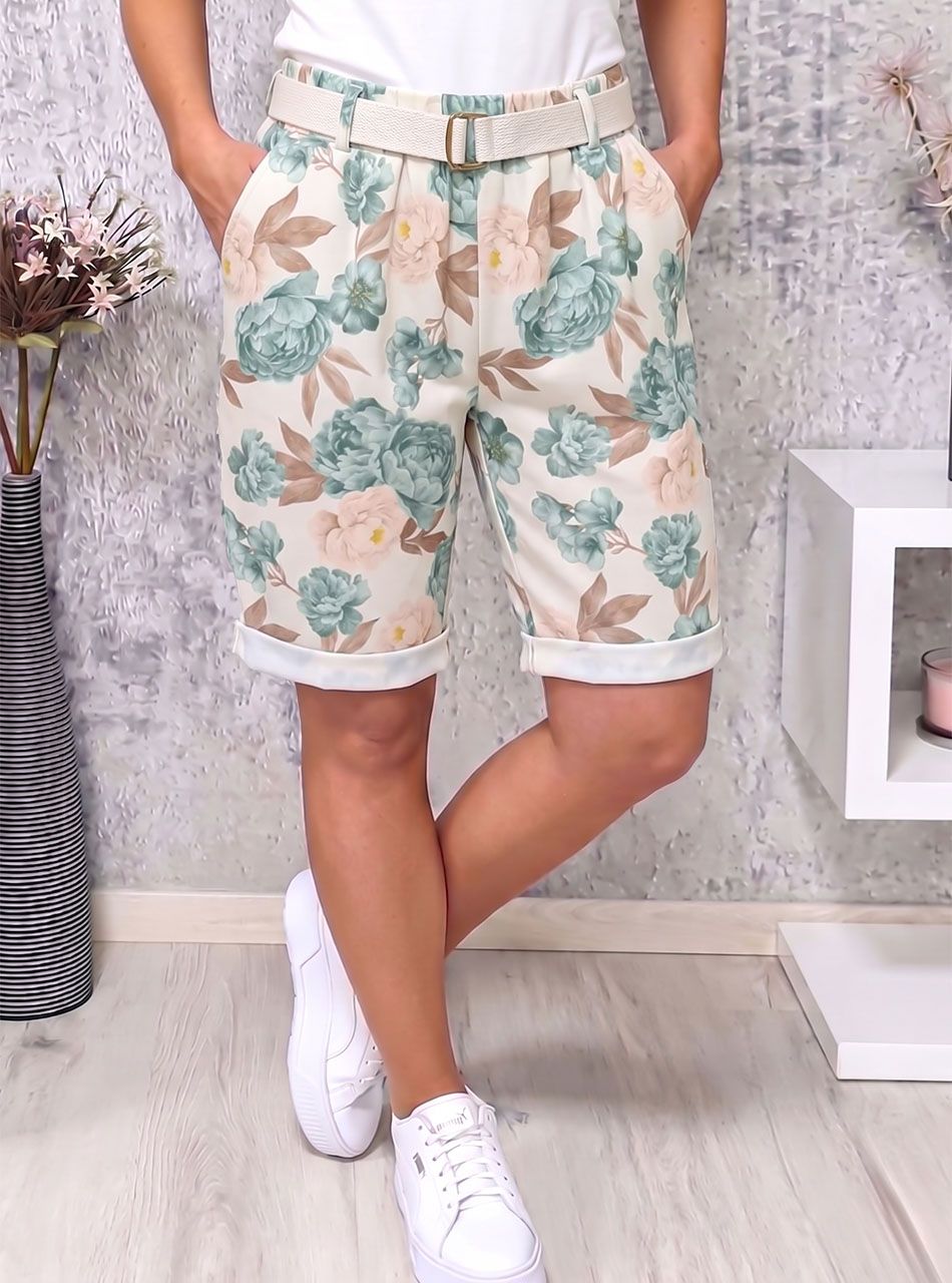 Virág mintás, gumis derekú zsebes térdnadrág övvel (zöld)