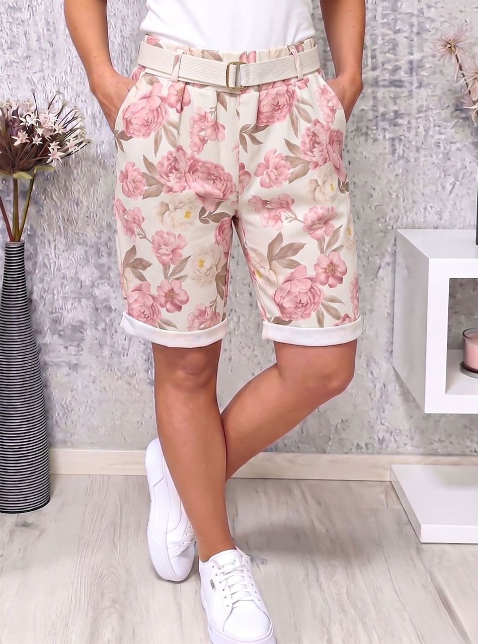 Virág mintás, gumis derekú zsebes térdnadrág övvel (púder)