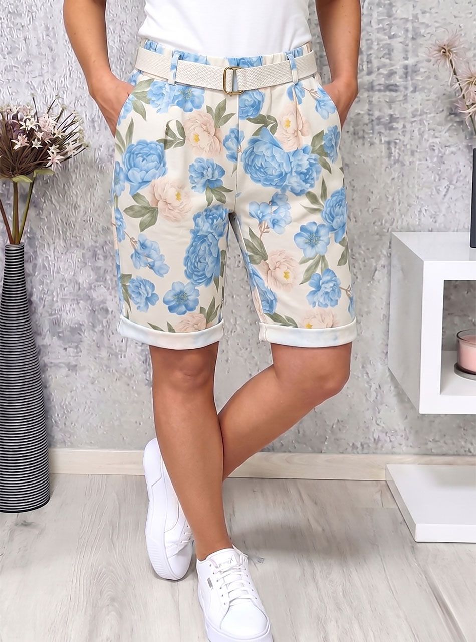 Virág mintás, gumis derekú zsebes térdnadrág övvel (világoskék)