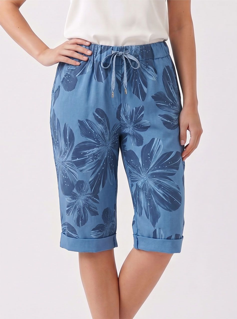 Virág mintás, gumis derekú zsebes térdnadrág (farmerkék)