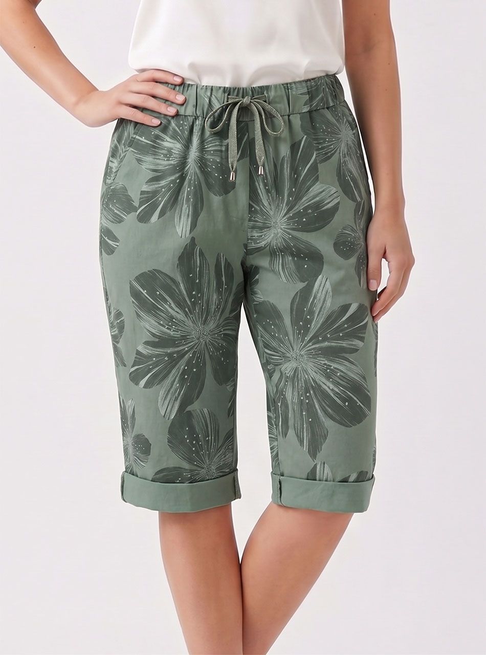 Virág mintás, gumis derekú zsebes térdnadrág (kheki)