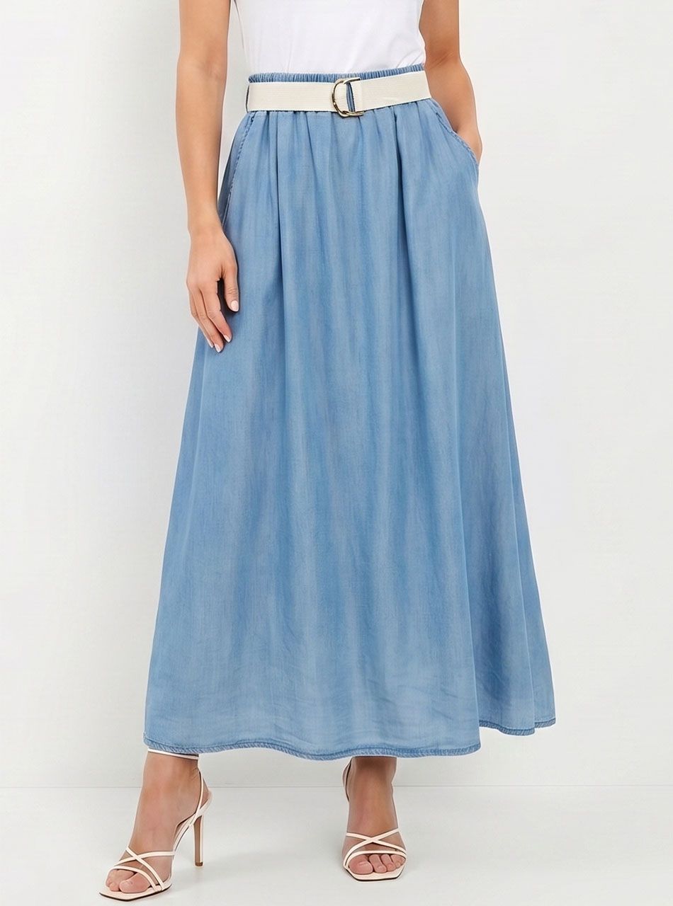 Gumis derekú, zsebes farmer hatású lenge szoknya övvel I.