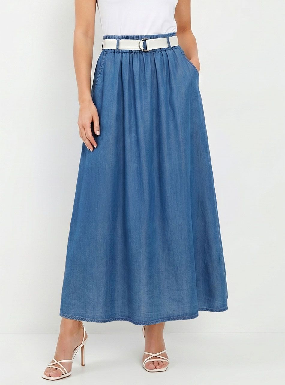 Gumis derekú, zsebes farmer hatású lenge szoknya övvel II.