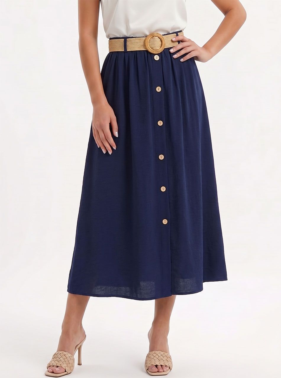 Gombdíszes, gumis derekú szoknya övvel (sötétkék)