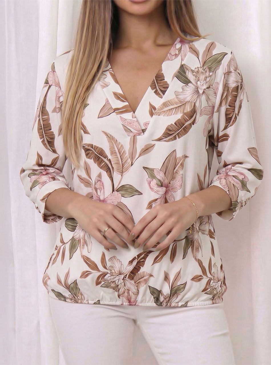 Gumis aljú, V nyakú virág mintás felső (tejeskávé I.)