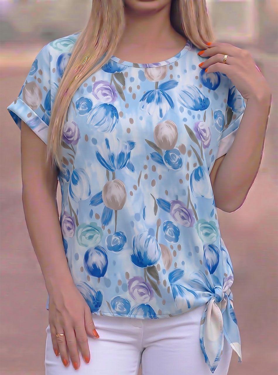 Oldalt kötős, virág mintás felső (világoskék)