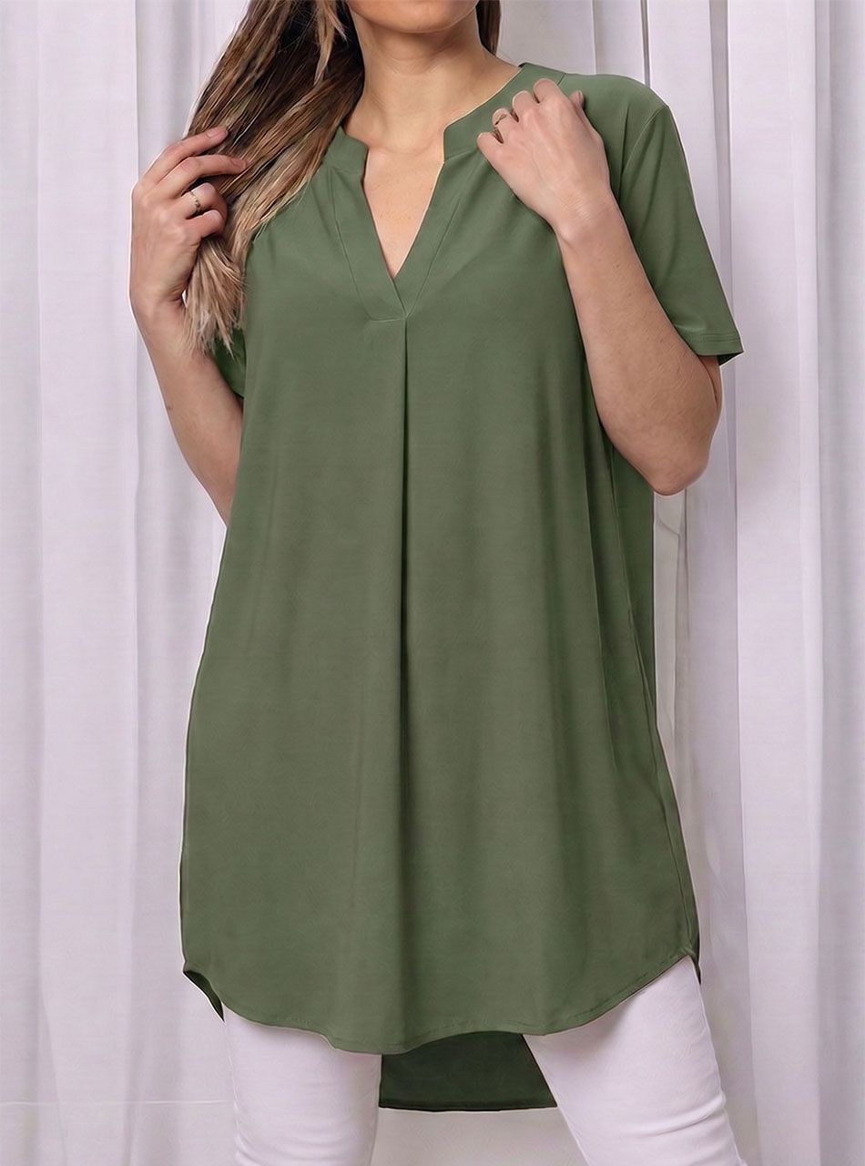 Rövid ujjú, V nyakú tunika (kheki)