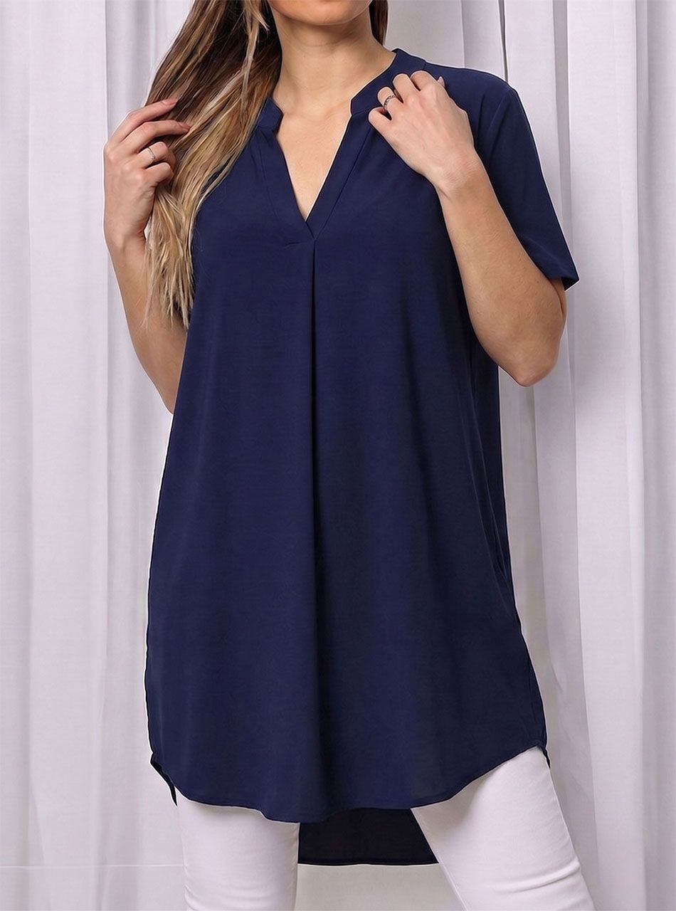 Rövid ujjú, V nyakú tunika (sötétkék)