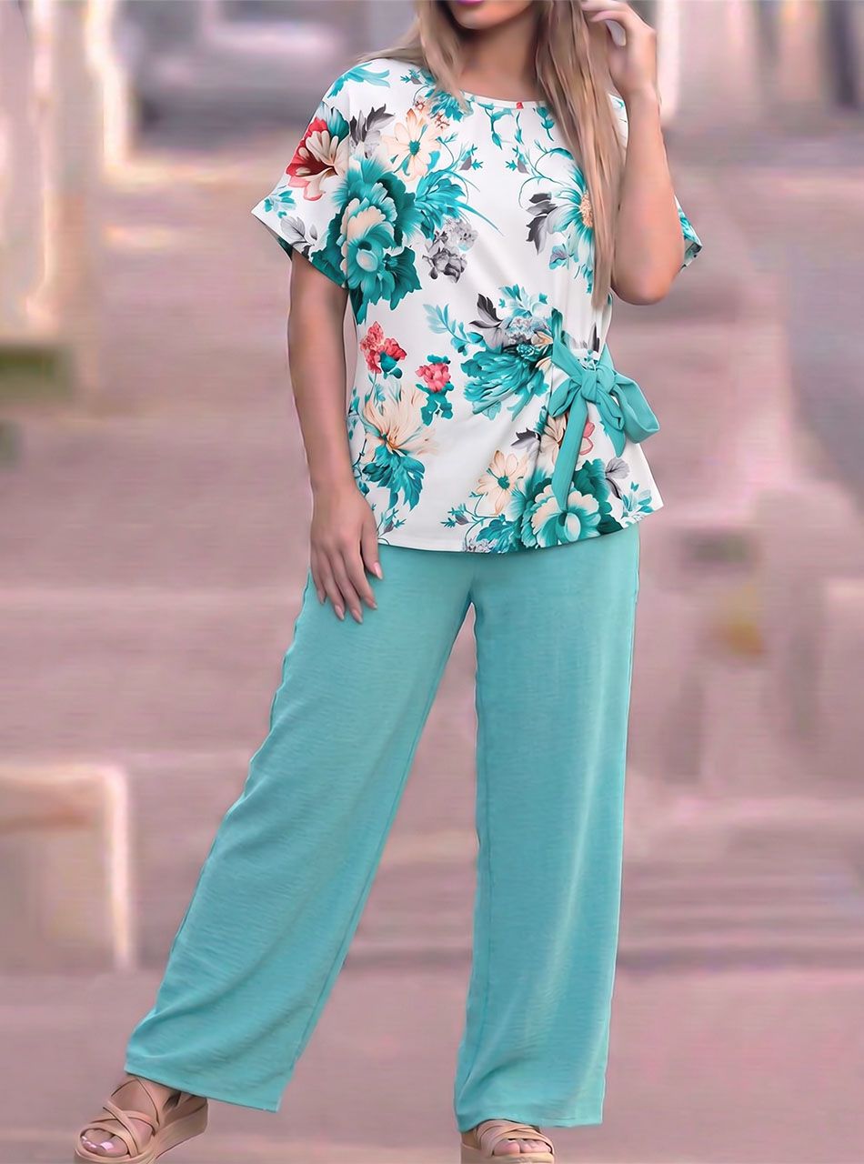 Derekán kötős, virág mintás lenge együttes (világoszöld)