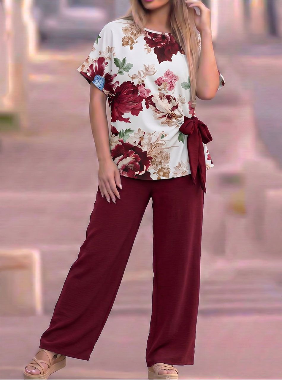 Derekán kötős, virág mintás lenge együttes (bordó)