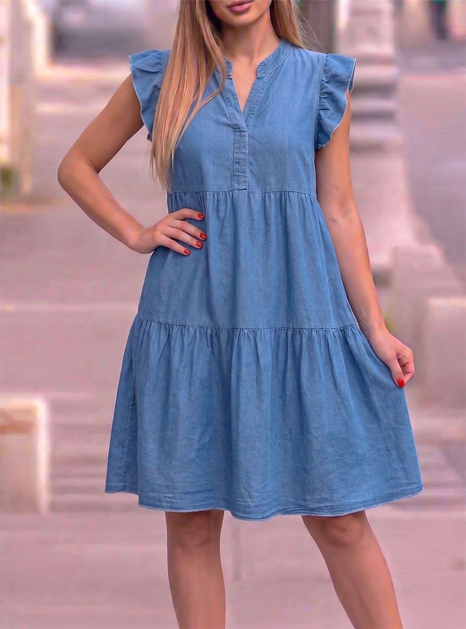 Fodros ujjú, farmer hatású V nyakú ruha