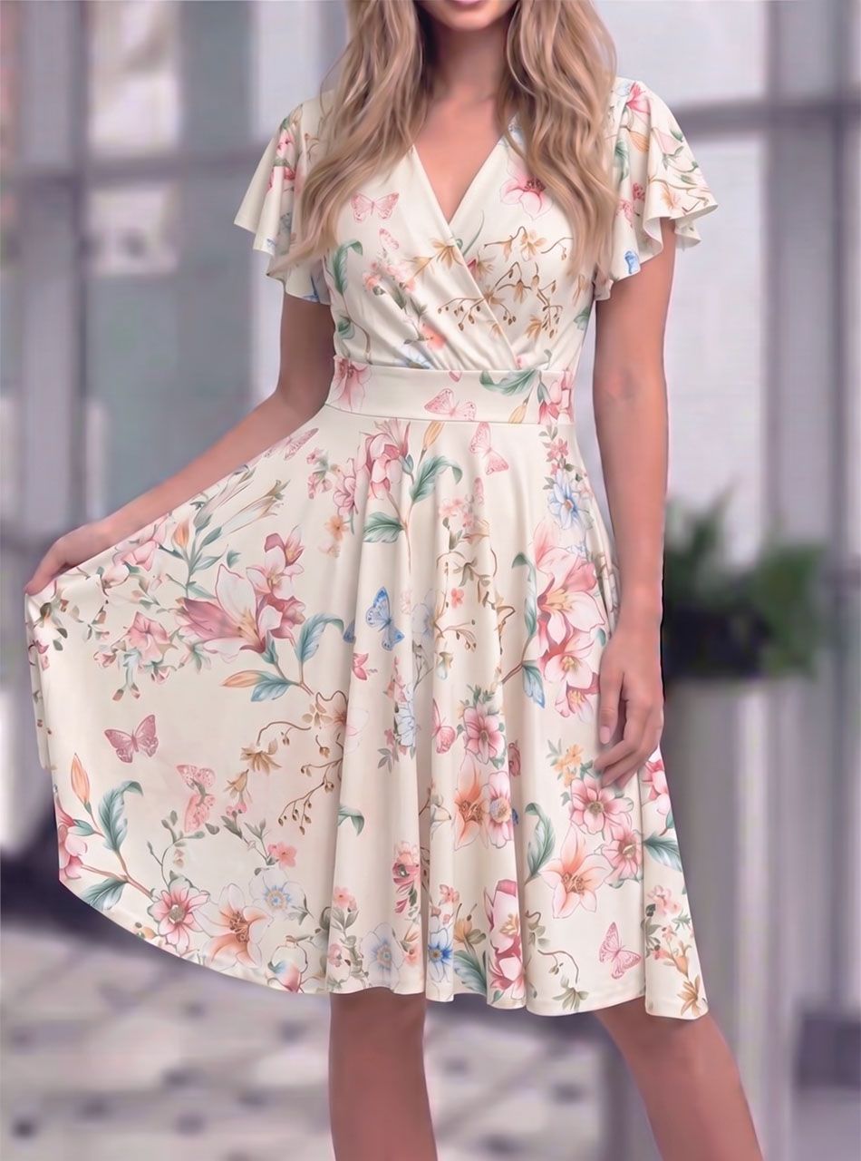 Emily, virág mintás átlapolt ruha (bézs)